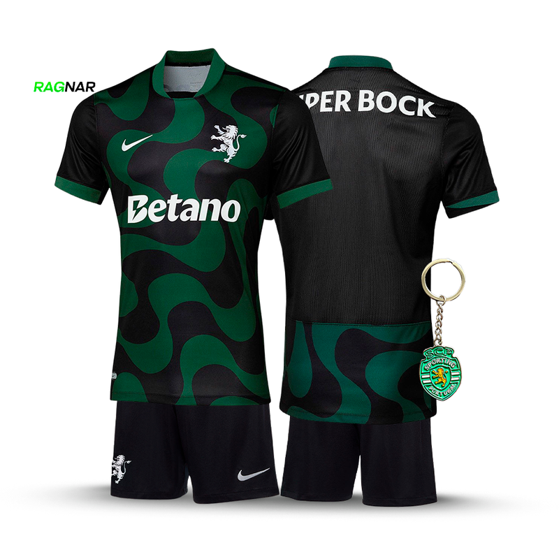Conjunto Infantil Sporting Alternativa Preta 2025/26 - LANÇAMENTO! 🔥💚