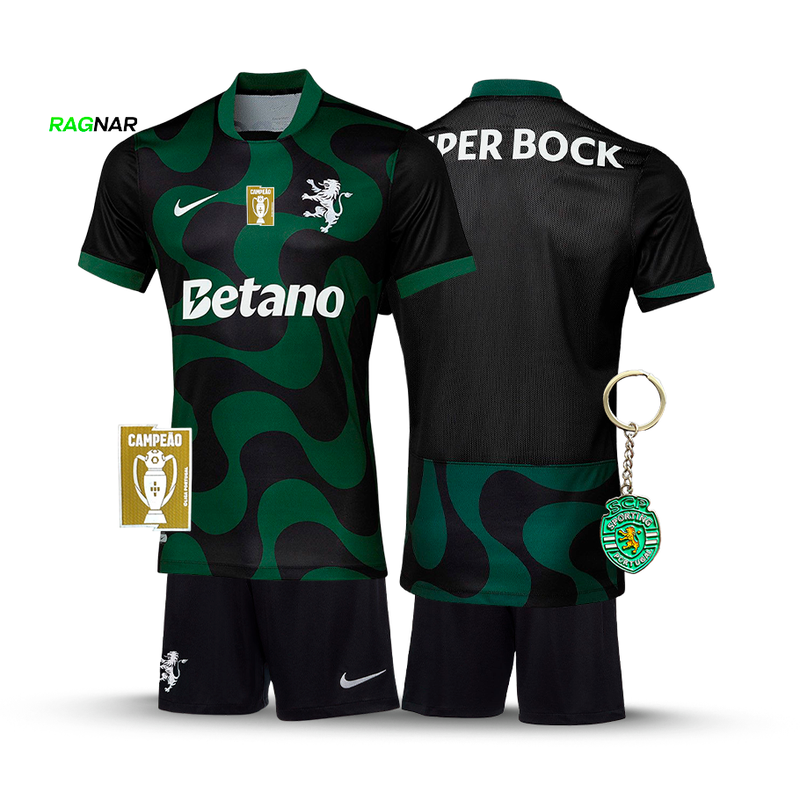 Conjunto Infantil Sporting Alternativa Preta 2025/26 - LANÇAMENTO! 🔥💚